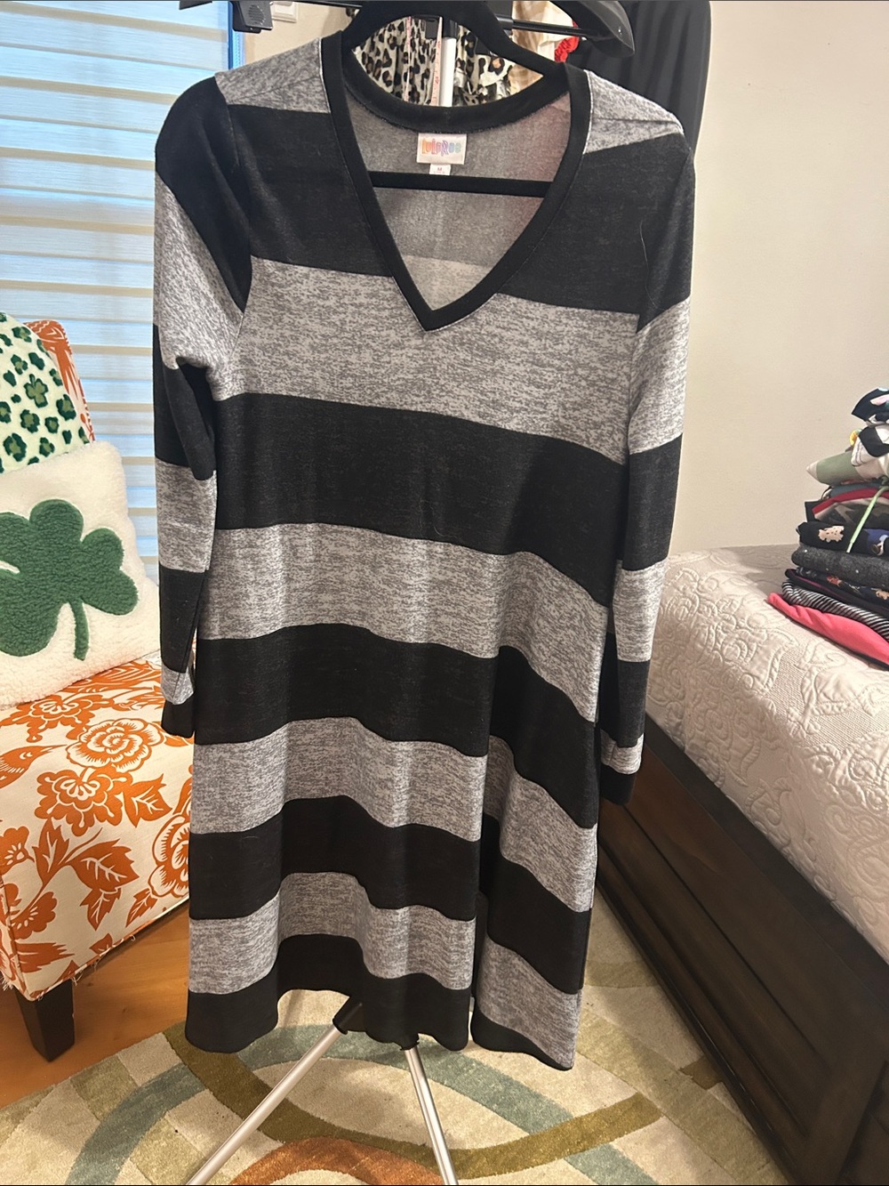 LuLaRoe Emily Swing Dress Black and Gray Striped Sweater Dress